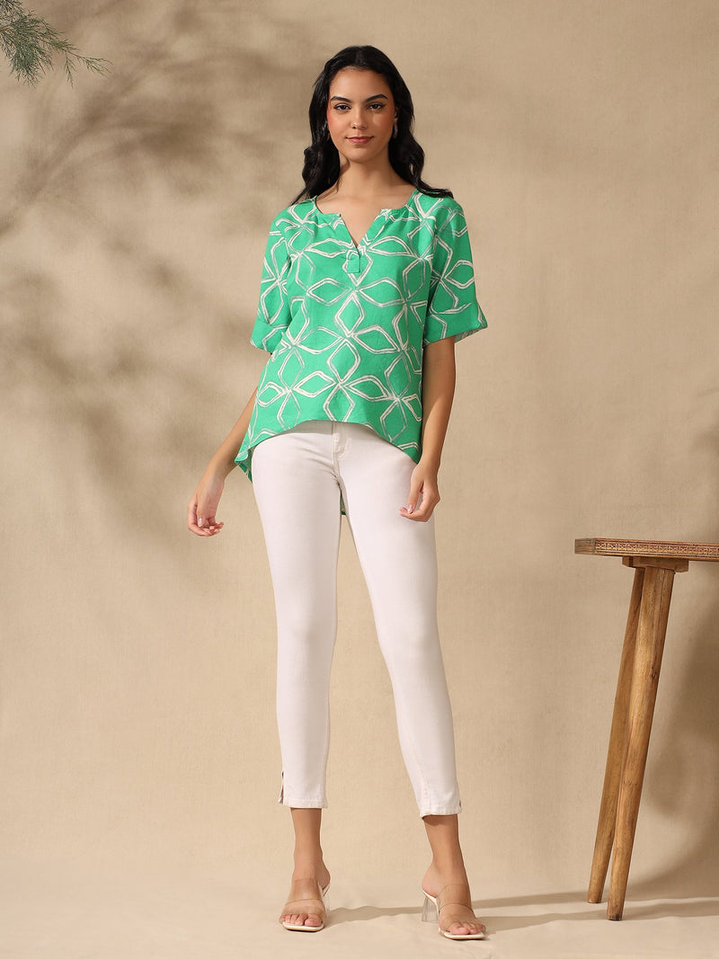 Green printed casual Up Down V-Neck Top
