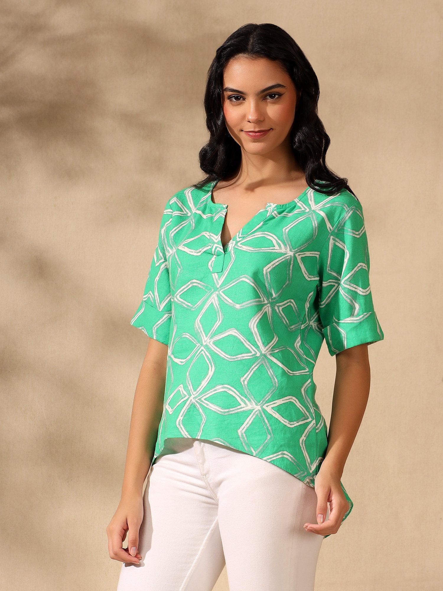 Green printed casual Up Down V-Neck Top
