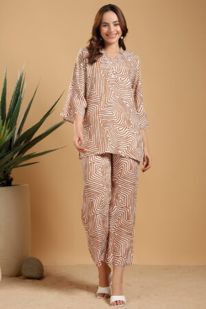 Brown printed band neck regular coord set