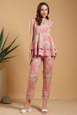 Pink paisley print Band neck collar and tunic top with pants coord set