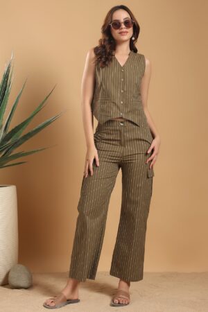 Olive green Waist coat style top with pants - dotted stripes coord set