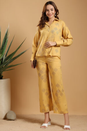 Mustard yellow Regular Shirt Coord set drop shoulder broad sleeve cuff