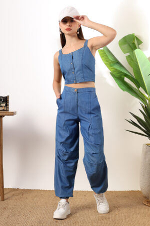 Denim short blouse with Afghani pants coord set