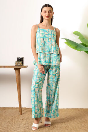 Sea Blue Foil print double layered top with pants coord set