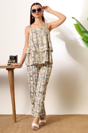 Cream Foil print double layered top with pants coord set