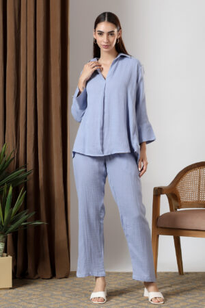 Blue Deep pleated neck coord set