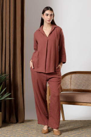 Brown Deep pleated neck coord set