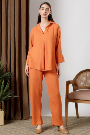 Orange Deep pleated neck coord set
