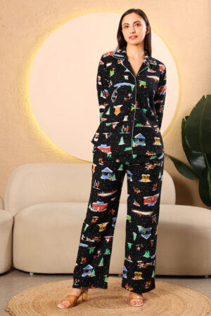 Black Printed winter night suits