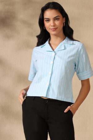 Blue White striped coat collar crop shirt