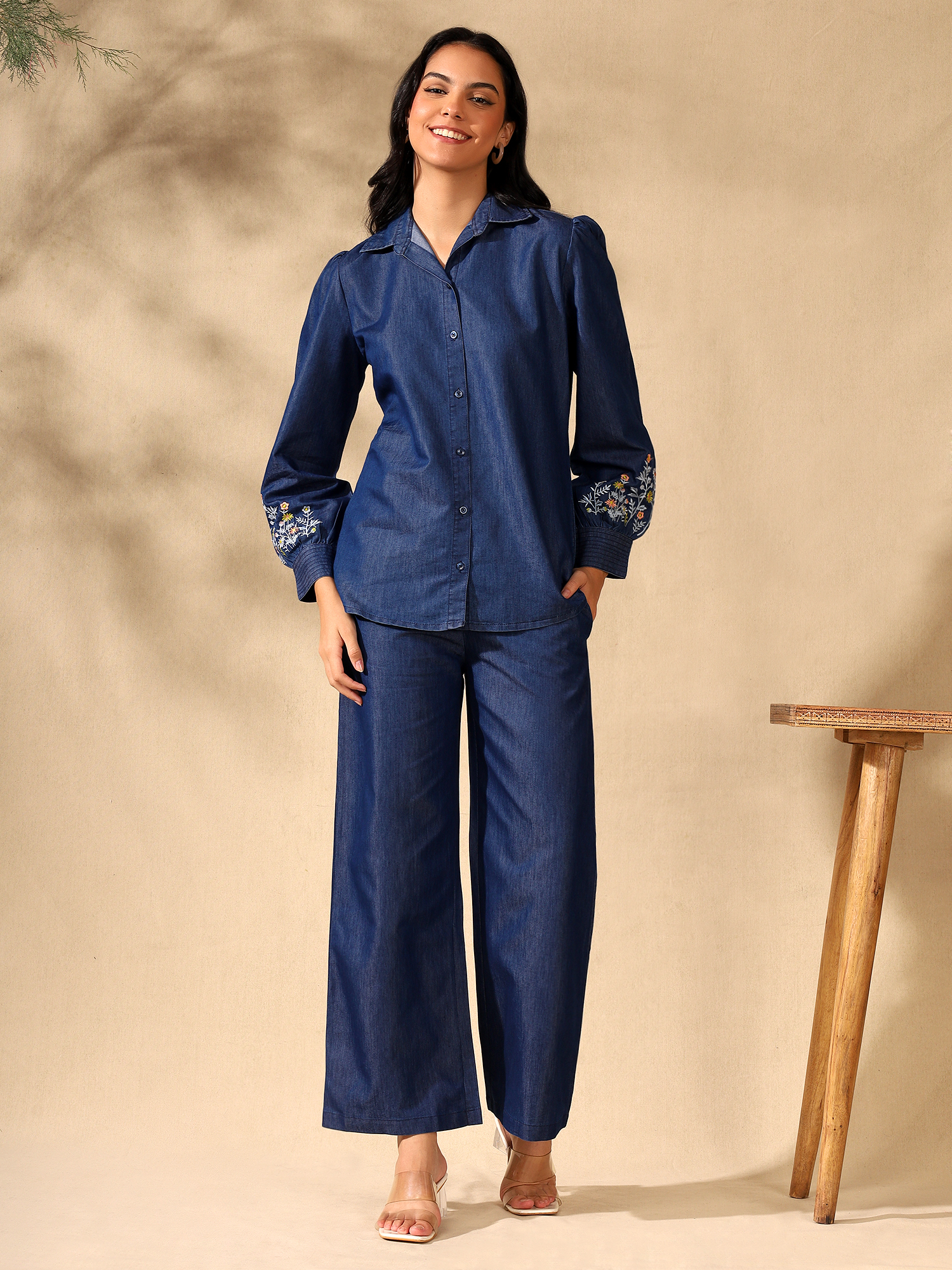 Denim collar embroidered sleeves coord set - Image 6