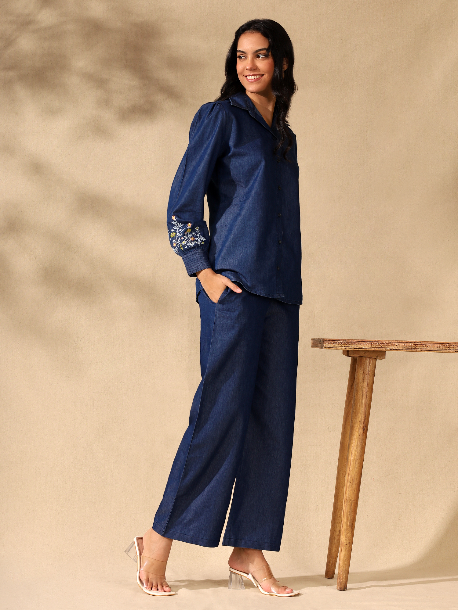 Denim collar embroidered sleeves coord set - Image 4