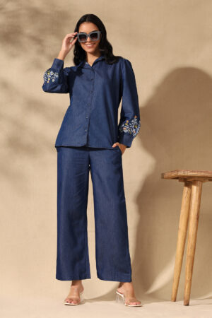 Denim collar embroidered sleeves coord set