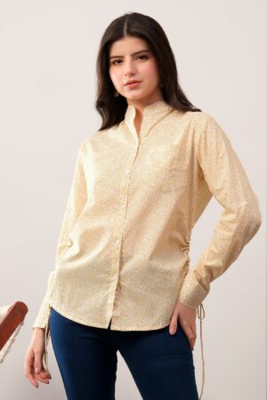 Yellow printed band neck collar dori shirt