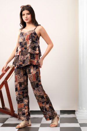 Black Foil print double layered top with pants coord set