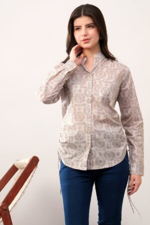 Beige printed band neck collar dori shirt