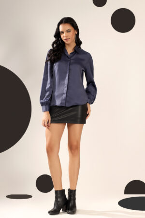 Navy Blue Solid Satin Casual Collar Shirt