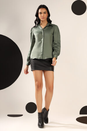 Dark Teal green Solid Satin Casual Collar Shirt