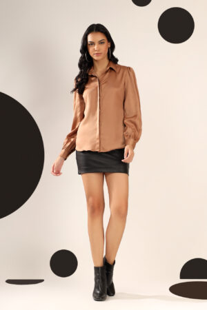 Mocha brown Solid Satin Casual Collar Shirt