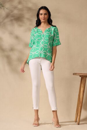 Green printed casual Up Down V-Neck Top